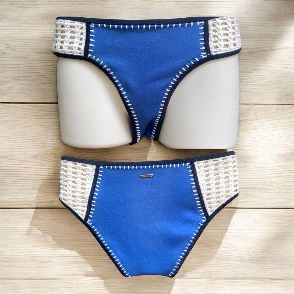 Victorias Secret VS Swim Surf Crochet Bikini Bottom Cheeky Blue Ivory Boho Sz S